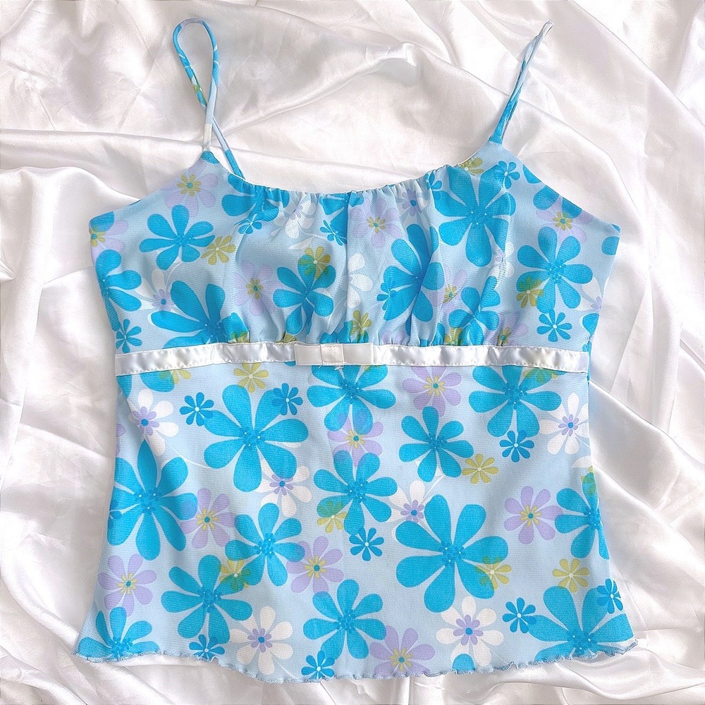 Studio Y Vintage Y2K Blue Floral Empire Waist Cami Top with Bow Large